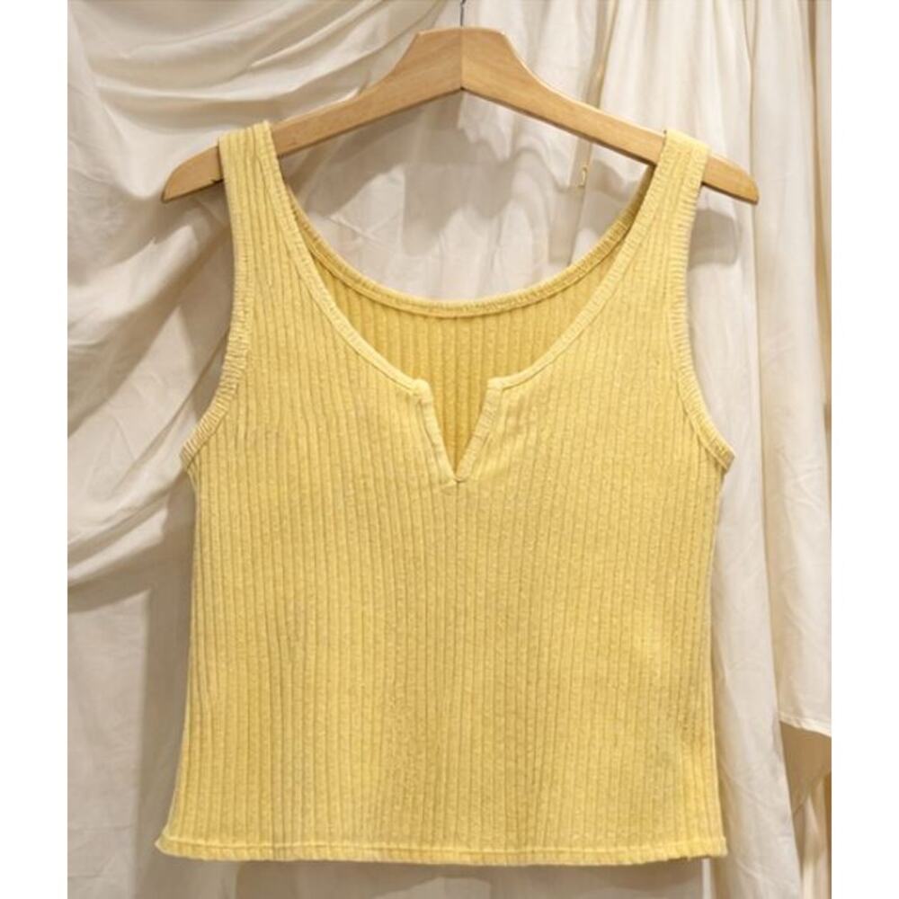 Billabong Yellow Ribbed Knit Crop Tank Top Split Neck Sleeveless Women’s Small - Picture 2 of 6